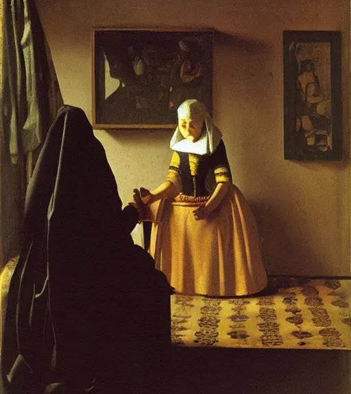 Image similar to portrait of a fortune teller automata by Vermeer