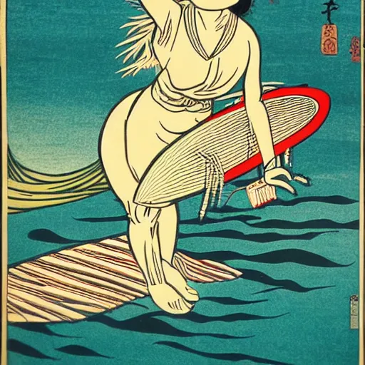 Image similar to girl surfing, woodblock print, style of hokusai, fine art, style of kanagawa, painting