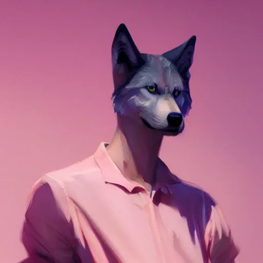 Image similar to portrait of wolf wearing pink shirt, smoking cigarette, digital painting, artstation, concept art, smooth, sharp focus, illustration, art by artgerm, james jean, jean giraud, edward hopper, gaston bussiere and greg rutkowski