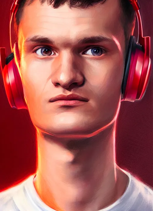 Image similar to portrait of vitalik buterin with hazel eyes, hazel colored eyes, red shirt, headphones, intricate, elegant, glowing lights, highly detailed, digital painting, artstation, concept art, smooth, sharp focus, illustration, art by wlop, mars ravelo and greg rutkowski