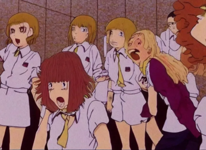 Image similar to screenshot from guro anime, 8 0's horror anime, yellowed grainy vhs footage with noise, four schoolgirls trapped in a bathroom, bathroom stalls and sinks and tiled floor, girls are in beige sailor school uniforms, one girl has white hair, detailed expressive faces, various hair colors and styles, in the style of ghibli,