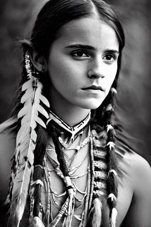 Image similar to Photo of Native American indian woman Emma Watson, portrait, skilled warrior of the Apache, ancient, realistic, detailed, Emma Watson