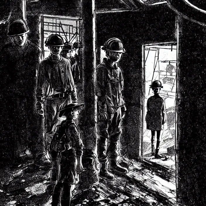 Prompt: sadie sink as a miner waits in a queue. outside a coal mine. storyboard, scifi cyberpunk. by gabriel hardman, joe alves, chris bonura. cinematic atmosphere, detailed and intricate, perfect anatomy