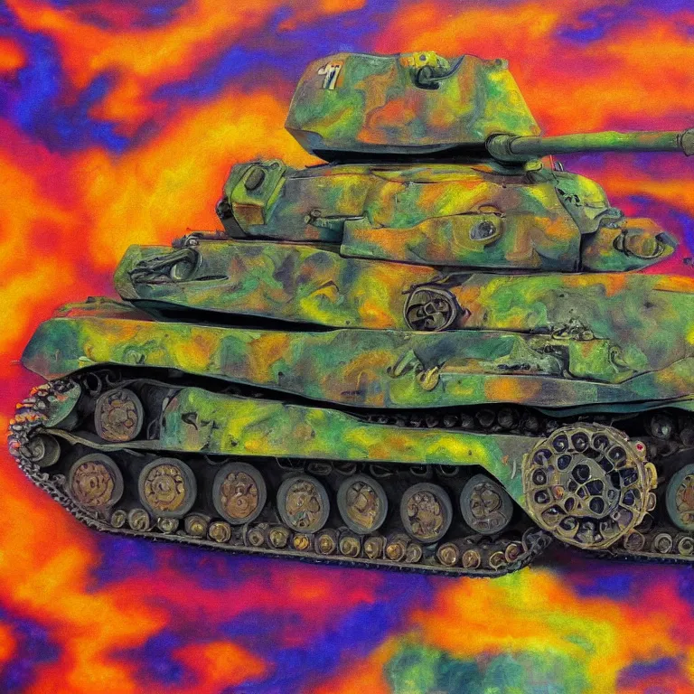 Image similar to panzer tank on peaches, psychedelic oil painting