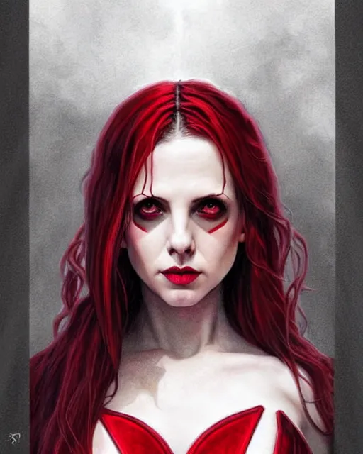 Prompt: Scarlet witch outfit Sarah Michelle Gellar, black magic, symmetrical face symmetrical eyes, realistic character concept, full body, scary pose, comic book, illustration,;cinematic lighting, high resolution, Charlie Bowater, Norman Rockwell, symmetrical eyes, single face, detailed and intricate, beautiful