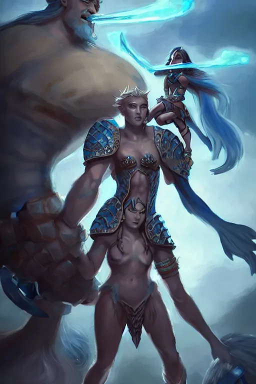 Image similar to a small blue-skinned triton girl wearing scale armor riding on a the shoulders of a large male goliath wearing fur and leather armor, dnd concept art, painting by ross tran and Tyler Jacobson