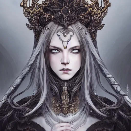 Image similar to portrait of a ranni from elden ring, baroque style, elegant, beautiful, mesmerizing, concept art, fancy clothing, highly detailed, artstation, behance, deviantart, inspired by innocent manga, inspired by castlevania concept art, trending, ayami kojima, shinichi sakamoto