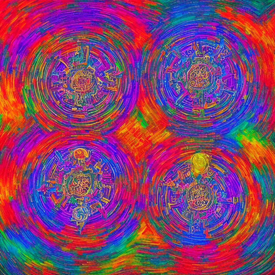 Image similar to multiverse wheel divine realms mandala celestial and infernal essence, award winning painting, chromatic aberration sharp color palette