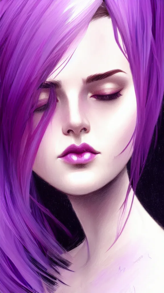 Image similar to Purple hair, creative colouring Portrait of woman face profile, fashion, coloured strands of hair, intricate, elegant, highly detailed, digital painting, artstation, concept art, smooth, sharp focus, illustration, art by artgerm and greg rutkowski and alphonse mucha, 8k