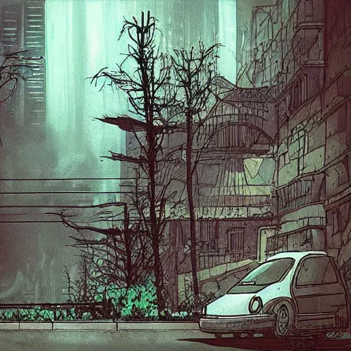 Prompt: “a city lost to time, empty, overgrown, desolate, foggy, atmospheric, subtle horror by studio ghibli”