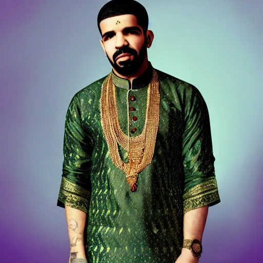 Prompt: drake, wearing a silk kurta, album cover, indian and pakistani flags