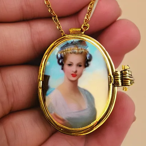 Image similar to open golden locket pendant with a retro photo of an elegant and aesthetic woman portrait, hanging from a closed hand.