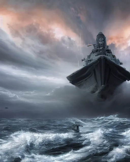 Image similar to scifi action scene of a fishing boat on stormy seas, a gigantic star destroyer spaceship flying overhead, the gigantic star destroyer spaceship is emerging from storm clouds, sunset lighting, stormy weather, dramatic lighting, unreal engine, hyper realism, realistic shading, cinematic composition, realistic render, octane render, detailed textures, photorealistic, ultrawide shot, 1 6 mm lens