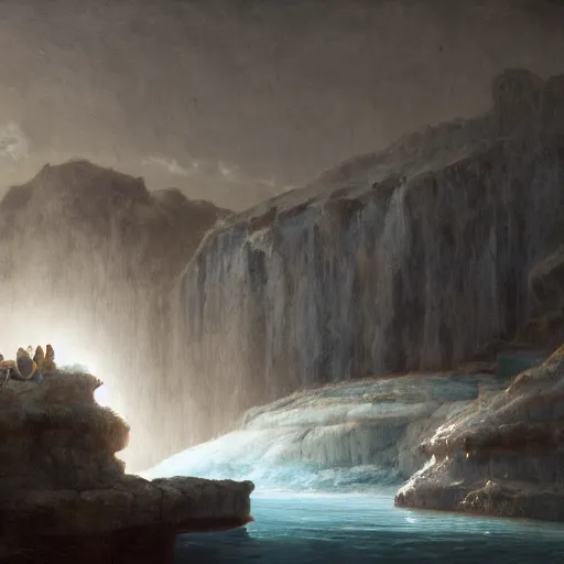 Image similar to The shadow of the dome of pleasure Floated midway on the waves; Where was heard the mingled measure From the fountain and the caves. It was a miracle of rare device, A sunny pleasure-dome with caves of ice!, cinematic lighting, detailed oil painting, hyperrealistic, 8k