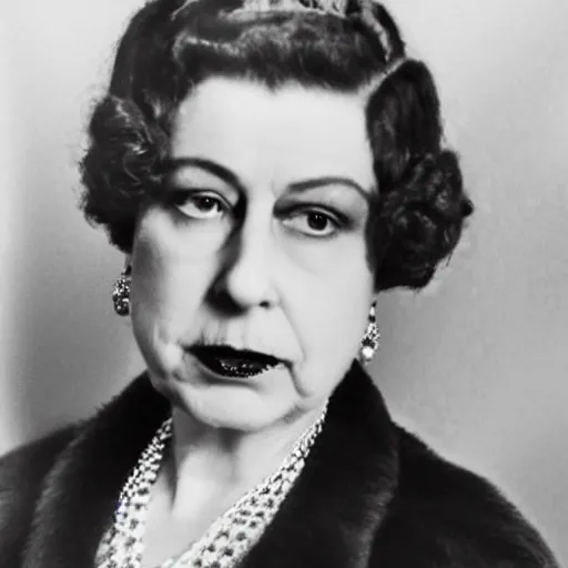 Image similar to Queen Elizabeth dressed as a 1920s gangster