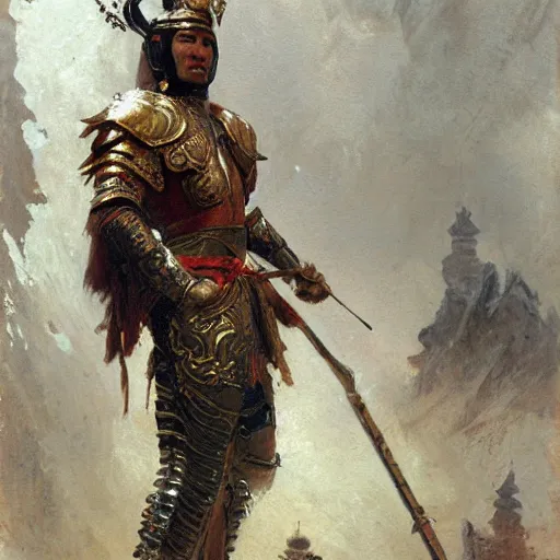 Image similar to a man wearing chinese armor, muscular, painting by Gaston Bussiere, Craig Mullins