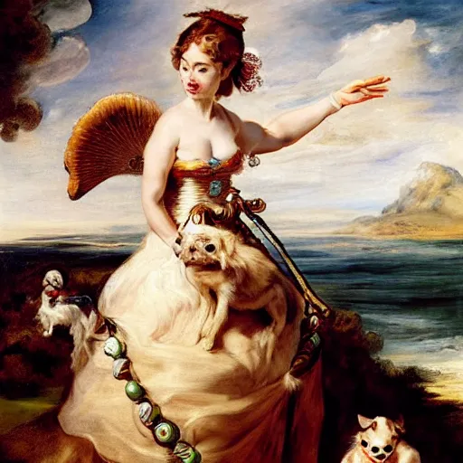 Image similar to heavenly summer sharp land sphere scallop well dressed lady walking her chihuahua on a leash auslese, by peter paul rubens and eugene delacroix and karol bak, hyperrealism, digital illustration, fauvist, chihuahua on a leash