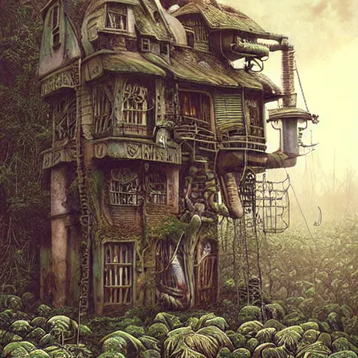 Prompt: a hyperrealistic painting of a steampunk cottage in the middle of an alien jungle, by john kenn mortensen and zdzislaw beksinski, highly detailed, vivid color,