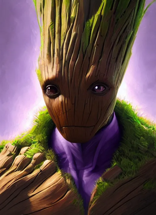 Prompt: Groot wearing a dark purple suit, elegant, digital painting, concept art, smooth, sharp focus, illustration, from StarCraft by Ruan Jia and Mandy Jurgens and Artgerm and William-Adolphe Bouguerea