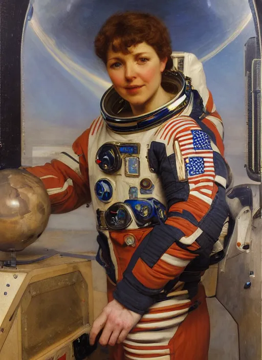 Image similar to Beautiful NASA astronaut in space, portrait by john william waterhouse and Edwin Longsden Long and Theodore Ralli, oil on canvas. Cinematic, hyper realism, realistic proportions, dramatic lighting, high detail 4k