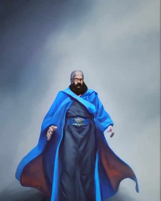 Image similar to Hyper realistic painting of a wizard in a blue robe, by Anato Finnstark, detailed, beautiful, trending on artstation