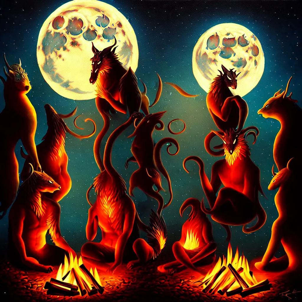 Image similar to strange mythical beasts of sitting around a fire under a full moon, surreal dark uncanny painting by ronny khalil