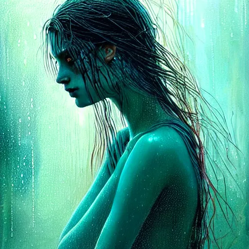 Image similar to girl in rain with wet hair and face, teal, fantasy, intricate, elegant, dramatic lighting, emotionally evoking symbolic metaphor, highly detailed, lifelike, photorealistic, digital painting, artstation, concept art, smooth, sharp focus, illustration, art by John Collier and Albert Aublet and Krenz Cushart and Artem Demura and Alphonse Mucha