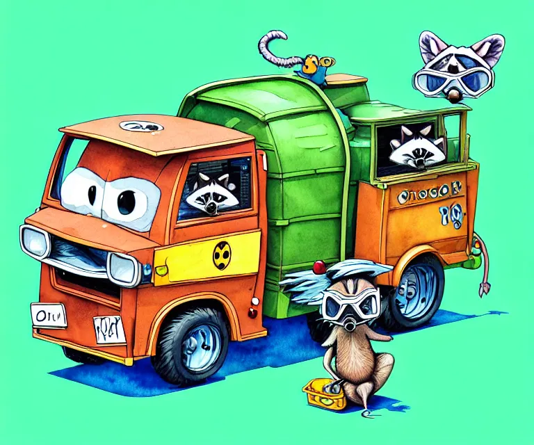 Image similar to cute and funny, racoon wearing goggles driving a tiny garbage truck, ratfink style by ed roth, centered award winning watercolor pen illustration, isometric illustration by chihiro iwasaki, edited by craola, tiny details by artgerm and watercolor girl, symmetrically isometrically centered