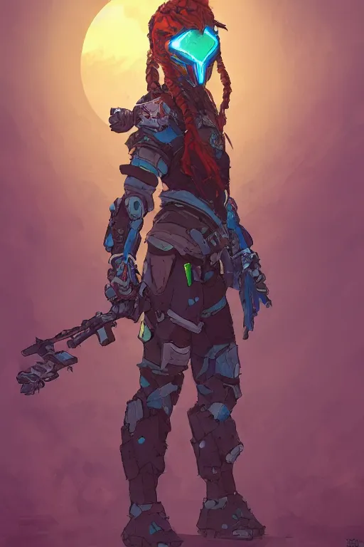 Image similar to combination suit armor aloy horizon forbidden west horizon zero dawn robot ninja mask helmet backpack tribal, gta 5 comics, official fanart behance hd artstation by jesper ejsing, by rhads, makoto shinkai and lois van baarle, ilya kuvshinov, ossdraws