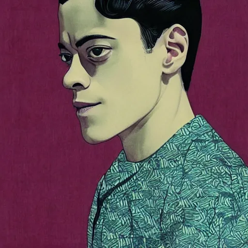 Image similar to “ rami malek portrait by ikenaga yasunari and ayana otake and ko rakusui, 6 0 s poster, drawing, realistic, sharp focus, japanese, dreamy, nostalgia, faded, golden hues, floral clothes ”