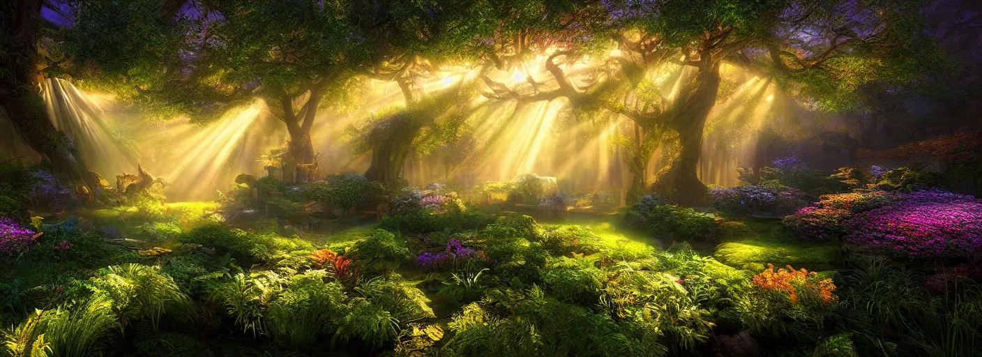 Prompt: photograph of enchanted garden, with rays of light by marc adamus, highly detailed, intricate detail, cinematic lighting