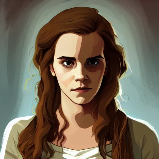 Prompt: Portrait of Emma Watson as Hermione Granger. Patryk Hardziej. Tomer Hanuka. Highly detailed. 4K.