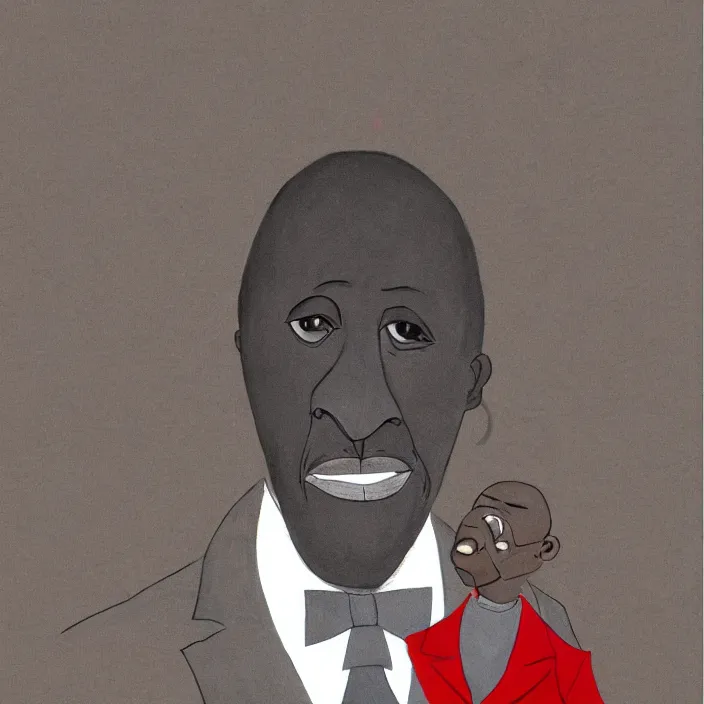 Image similar to a fatherly, aquiline nose, wide forehead, round face, XXL , loving, caring, generous, ever-present, humble, wise elder from Kenya with a friendly expression in a grey suit and red tie painted by Kara Walker. Fatherly/daddy, focused, loving, leader, relaxed,. ethereal lights, details, smooth, sharp focus, illustration, realistic, cinematic, artstation, award winning, rgb , unreal engine, octane render, cinematic light, macro, depth of field, blur, red light and clouds from the back, highly detailed epic cinematic concept art CG render made in Maya, Blender and Photoshop, octane render, excellent composition, dynamic dramatic cinematic lighting, aesthetic, very inspirational, arthouse.