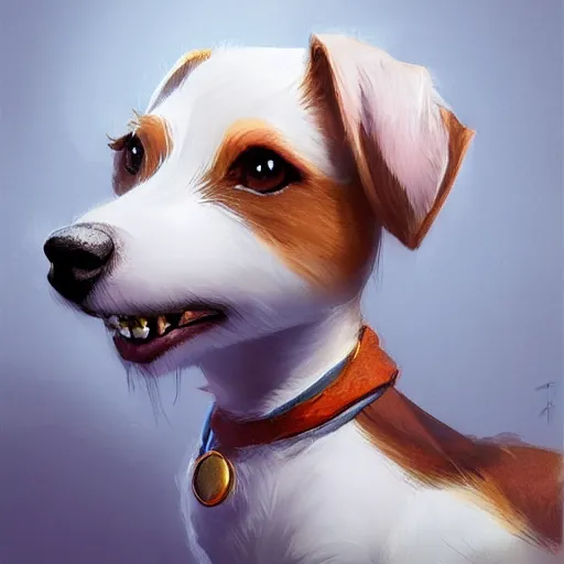 Image similar to adorable jack russel terrier laying in dog bed, in the livingroom, fantasy art, artstation character design contest winner, trending on cgsociety, concept art, speedpaint, beautiful digital art, jesper ejsing, james jean, justin gerard, fenghua zhong, makoto shinkai, highly detailed