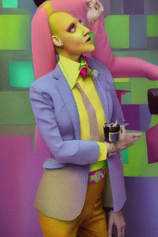 Image similar to a scene with a character wearing a super colorful muted color diy! suit, vivienne westwood!, detailed photoreal render octane render, pointillism, oil on canvas