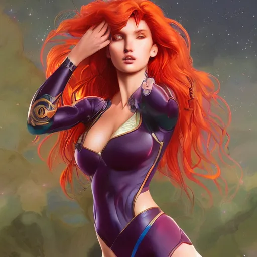 Image similar to ultra realistic illustration, bella thorne as starfire anime, intricate, elegant, highly detailed, digital painting, artstation, concept art, smooth, sharp focus, illustration, art by artgerm and greg rutkowski and alphonse mucha and wlop