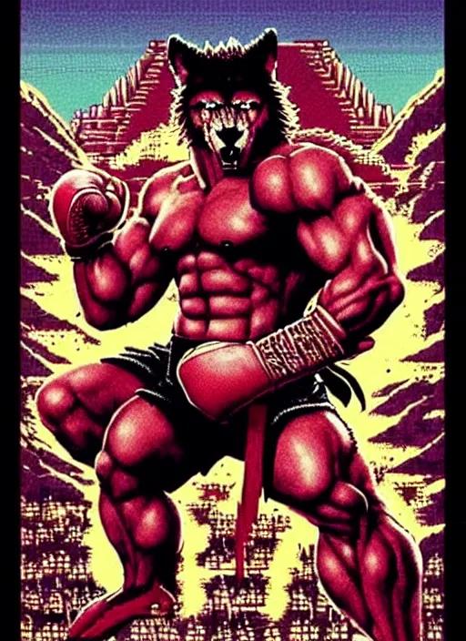 Prompt: extreme long shot. 8 bit nes graphics. antropomorphic muscular masculine wolf. kickboxer fighter, in shorts. wolf head. fine details, very sharp, art from nes game cartridge, 8 0's, vhs artefacts, vaporwave style, marc simonetti and hermann nitsch. streetfighter, kung fury movie