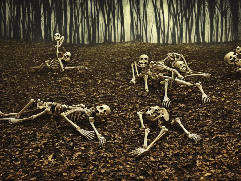 Prompt: frightened screaming human skeletons on amateur home video being attacked by raccoons at night in a dark forest at night, photorealistic amateur photography low camera angle