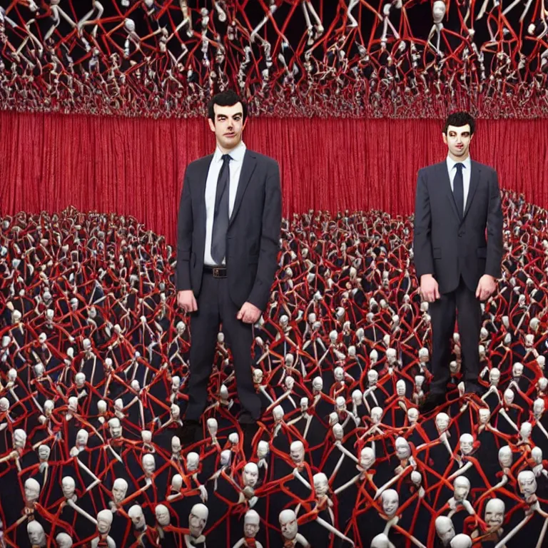 Image similar to focused dslr medium shot photograph of nathan fielder standing in front of dozens of nathan fielder clones on puppet strings from nathan for you on comedy central on a stage with a red curtain, meta, fractal, trippy, high detail!!! 8 k!!!!, photorealism!!!, sharp focus!!! coherent!!!