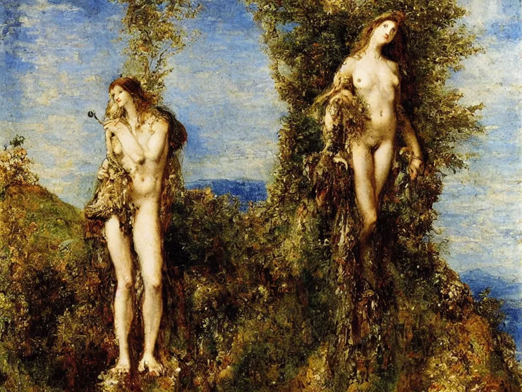 Image similar to figure with scenery. painting by gustave moreau