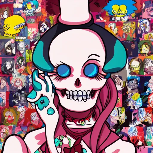 Prompt: anime manga skull portrait girl face ren and stimpy cuphead marge simpson detailed highres 4k Mucha and James Jean pop art nouveau