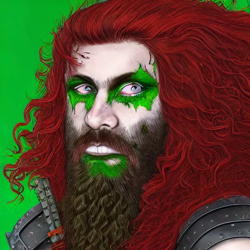 Prompt: portrait of a red haired dwarf - long curly hair, full beard, scar on the forehead, wearing leather armor with green accents, battleaxe on his back, digital art, highly detailed, intricate, sharp focus