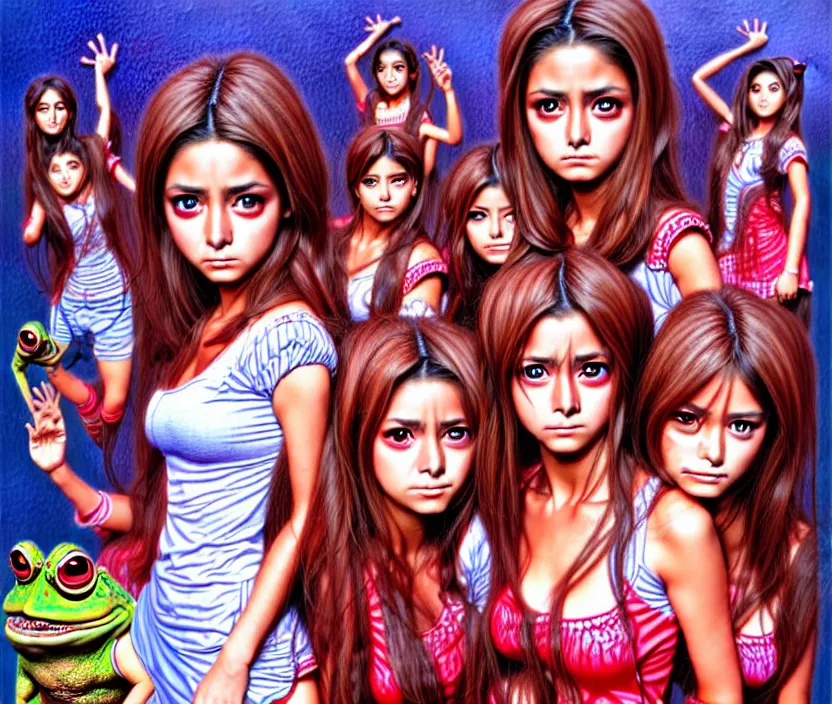 Image similar to richly detailed colored pencil 3D illustration of the female students of the Mexican telenovela called Rebelde who are resigned to their fate of being engulfed by an evil toad demon. surreal art by Range Murata and Artgerm.