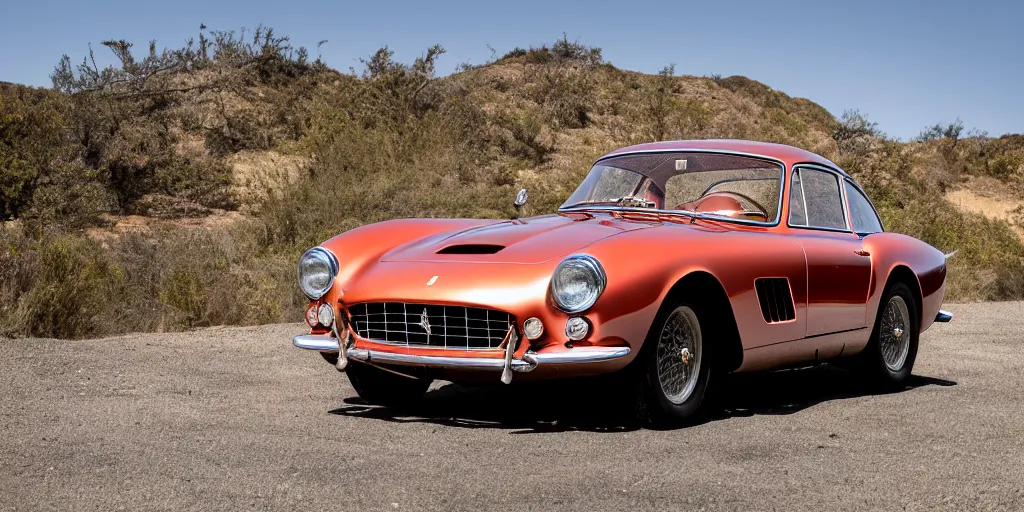 Prompt: photograph, 1958 FERRARI 250 GT, copper paint, by Peter Singhof, press release, cinematic, malibu canyon, 8k, depth of field, bokeh. rule of thirds