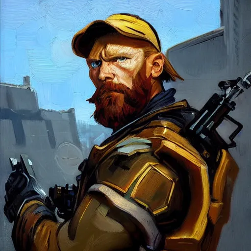 Image similar to greg manchess portrait painting of armored van gogh as overwatch character, medium shot, asymmetrical, profile picture, organic painting, sunny day, matte painting, bold shapes, hard edges, street art, trending on artstation, by huang guangjian, gil elvgren, ruan jia, randy vargas, greg rutkowski