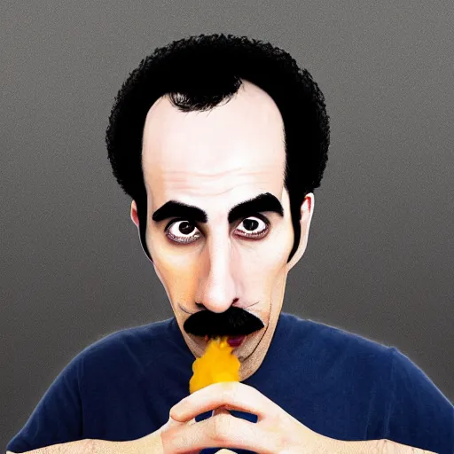 Image similar to Sacha Baron Cohen as borat smoking a giant rolled cannabis cigarette, caricature, smoke, amazing detail, digital art, artstation