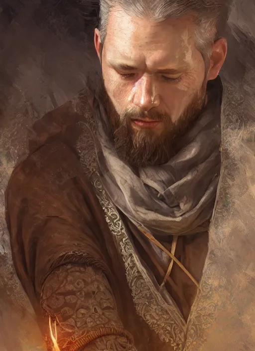 Image similar to realistic portrait painting of a male cleric, old mystic ruins, afternoon, intricate, elegant, highly detailed, digital painting, sharp, focus, by artgerm and greg rutkowski