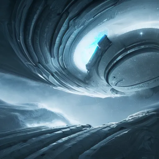 Image similar to falling, zooming fast into a cosmic vortex of primordial gnostic menace and mystery by jessica rossier and hr giger cinematic lighting two point perspective, extreme angle