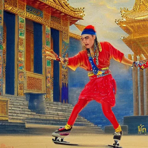 Image similar to orientalist painting of 6ix9ine skating outside of a majestic temple, 8k, very intricate, very detailed,