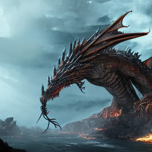 Prompt: A huge dragon with 10 hands breathing fire, Highly detailed, 8k, dark souls concept art